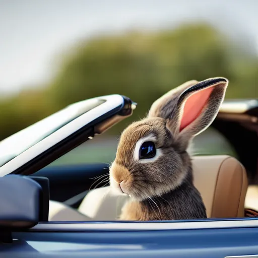 Image similar to a cute bunny driving a convertible, studio photo, high quality