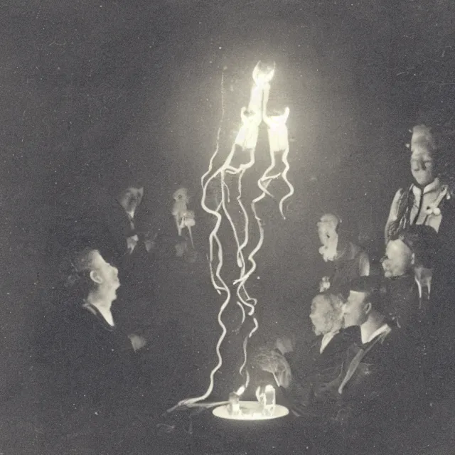 Prompt: a vintage photograph of a siphonophore ghost floating above the table during a seance, candlelight, joining hands