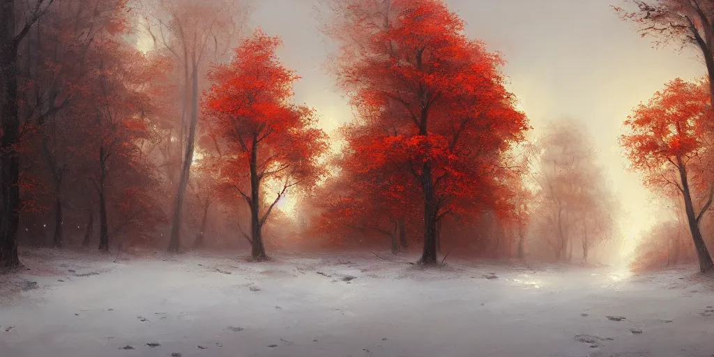 Image similar to A beautiful oil painting of a valley covered in snow, trees with red and orange leaves, yellow lighting, gloomy, atmospheric lighting, detailed, by greg rutkowski, trending on artstation