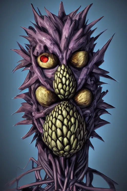 Image similar to humanoid figure with an artichoke head, highly detailed, digital art, sharp focus, trending on art station, monster, glowing eyes, anime art style