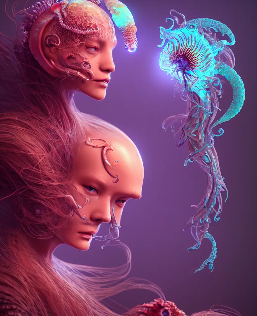 Image similar to goddess close-up portrait. chimera orchid jellyfish phoenix head, nautilus, skull, betta fish, bioluminiscent creatures, intricate artwork by Tooth Wu and wlop and beeple. octane render, trending on artstation, greg rutkowski very coherent symmetrical artwork. cinematic, hyper realism, high detail, octane render, 8k