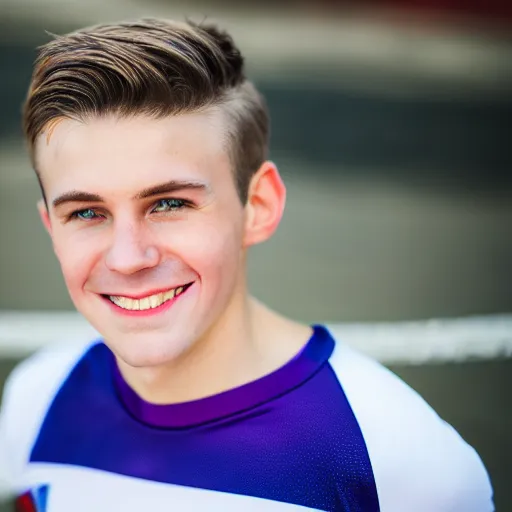 Image similar to photographic portrait of a young white male smiling with short brown hair that sticks up in the front, blue eyes, groomed eyebrows, tapered hairline, sharp jawline, wearing a purple white volleyball jersey, sigma 85mm f/1.4, 35mm, 4k, high resolution, 4k, 8k, hd, full color