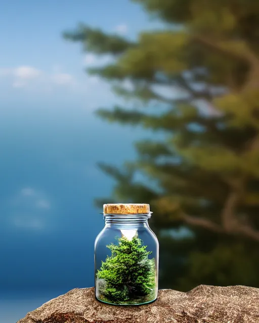 Prompt: glass jar with a miniature tree burning inside, standing on a cliff, bokeh, ocean in the background, metal lid, dramatic lighting, hyperrealistic, volumentric lighting, highly detailed