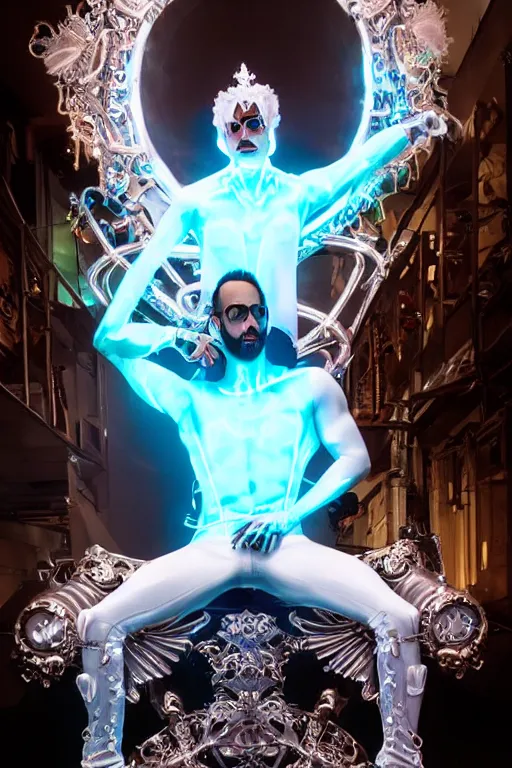 Image similar to full-body rococo and cyberpunk style neon statue of a muscular attractive Yandel macho dotado e rico android sim roupa reclining con las piernas abertas e la piroca dura, glowing white lasers, glowing eyes, silver prince crown, silver steampunk gears, white diamonds, swirling mint-colored silk fabric. futuristic elements. ethereal white dripping tar. full-length view. space robots. human skulls. large white balloon animals. intricate artwork by caravaggio. Trending on artstation, octane render, cinematic lighting from the right, hyper realism, octane render, 8k, depth of field, 3D