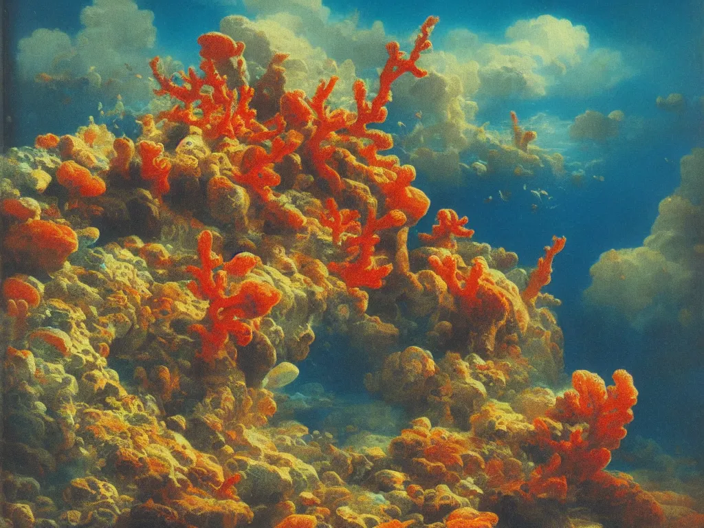 Prompt: Beautiful 1976 psychedelic textbook illustration of underwater coral reef seascape by Ivan Aivazovsky and Jan Davidsz de Heem , highly detailed, 8k