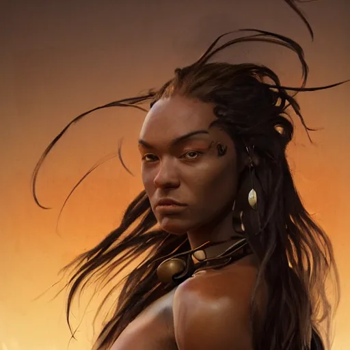 Image similar to portrait of tall hyper - muscular bronze - skinned warrior woman with long flowing black hair and big gold earrings, volumetric lighting, dynamic composition, art by sachin teng and sergey kolesov and ruan jia and heng z, scifi, hyper detailed, ultra realistic, sharp focus, wildlife photography, national geographic, octane render, concept art