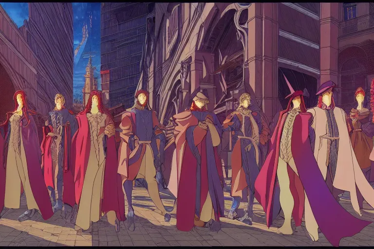 Image similar to cel shaded study of a group of mages in a late renaissance city, key visual with intricate linework, in the style of moebius, ayami kojima, 9 0's anime, retro fantasy