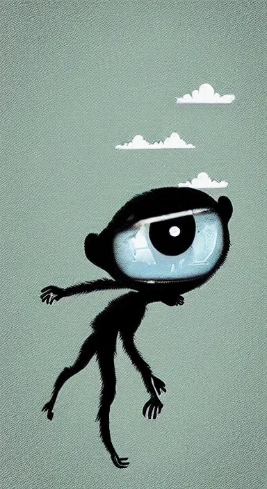 Image similar to “ big eye monkey holding laser gun floating in clouds, digital art, super aesthetic, art station childish style ”