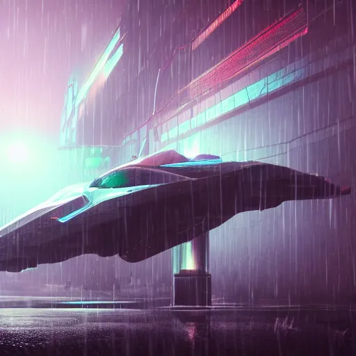 Image similar to rain, cyberpunk spaceship flying, dense fog, bloom, contrasted lighting, ultra detailed, depth of field, trending on artstation