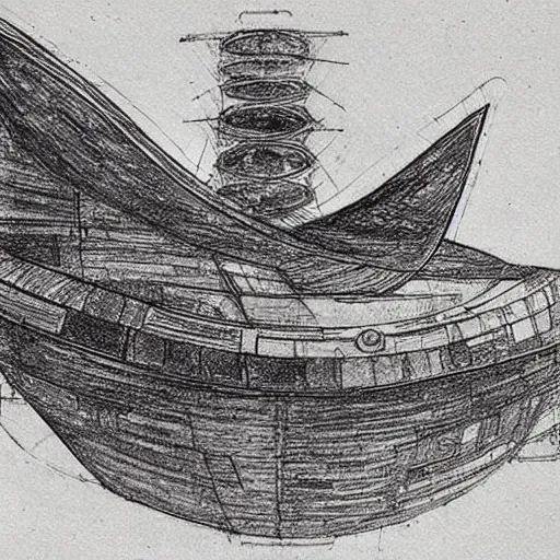 Image similar to a sketch art of a spaceship made by leonardo davinci