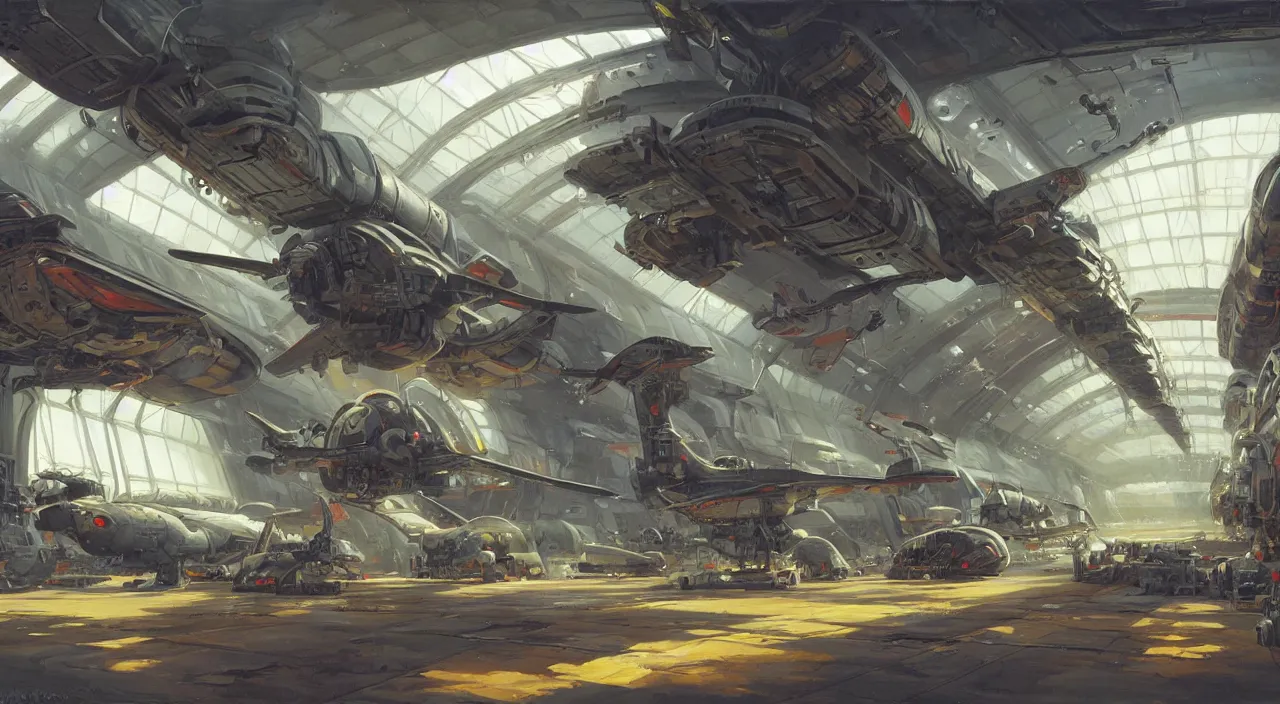 Image similar to a painting of a sci fi hangar, by jesper ejsing