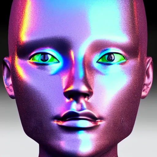 Image similar to 3d render of holographic human robotic head made of glossy iridescent, surrealistic 3d illustration of a human face non-binary, non binary model, 3d model human, cryengine, made of holographic texture, holographic material, holographic rainbow, concept of cyborg and artificial intelligence