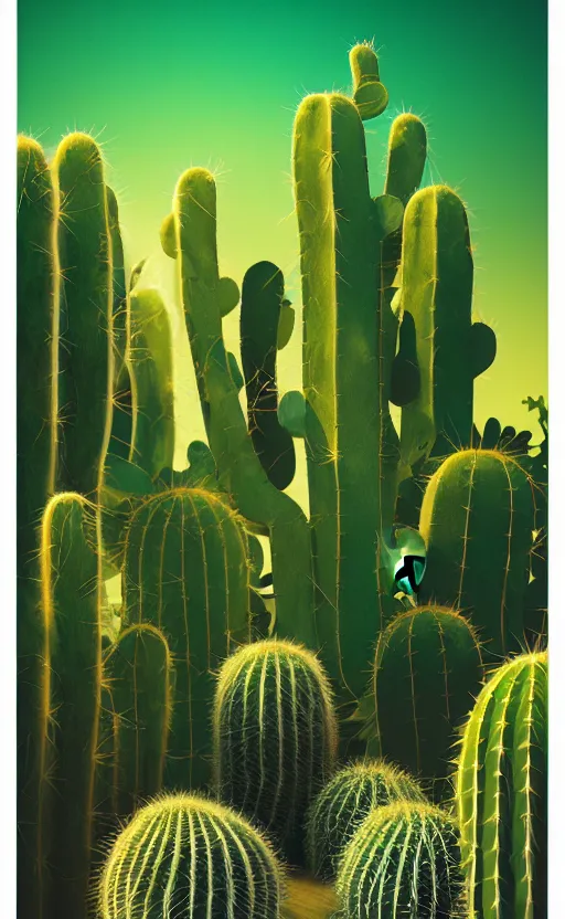 Image similar to cactus, poster vintage, digital strokes, illustration, bioluminescence, vegetation, water bubbles around cactus, portrait, full shot, rim light, pixar, octane render,