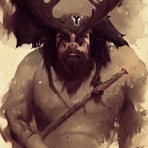 Image similar to hairy barbarian pirate with moose head by greg rutkowski