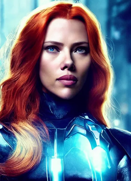 Image similar to scarlett johanson portraying a beautiful mara jade from star wars legends, in a black suit, without lightsaber, movie, hyper realistic, hollywood promotional image, imax, 8 k