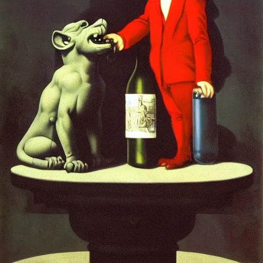 Prompt: a gargoyle offers you a drink by Raphael, Hopper, and Rene Magritte. detailed, romantic, enchanting, trending on artstation.