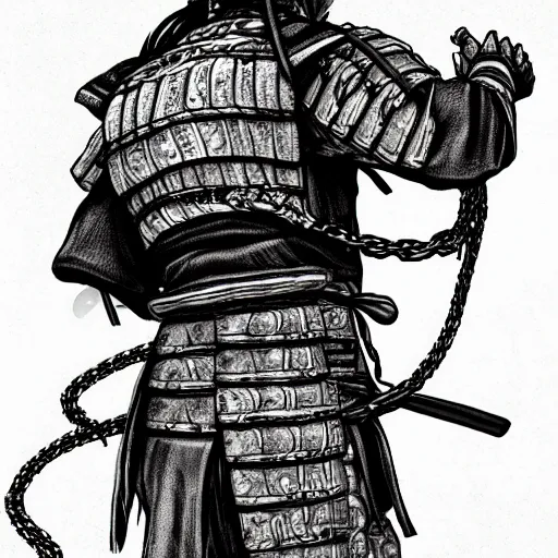 Image similar to A PORTRAIT FROM BEHIND OF A SAMURAI ,THE THE MAN IS WRAPPED IN CHAINS ,detailed, concept art, ink style , sketch