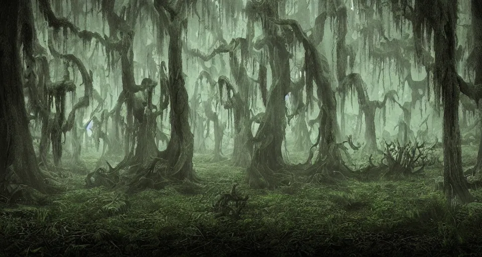 Image similar to A dense and dark enchanted forest with a swamp, by Steve Argyle