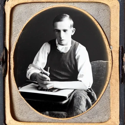 Prompt: Young man in 1910 working on a laptop, daguerreotype photo, HD