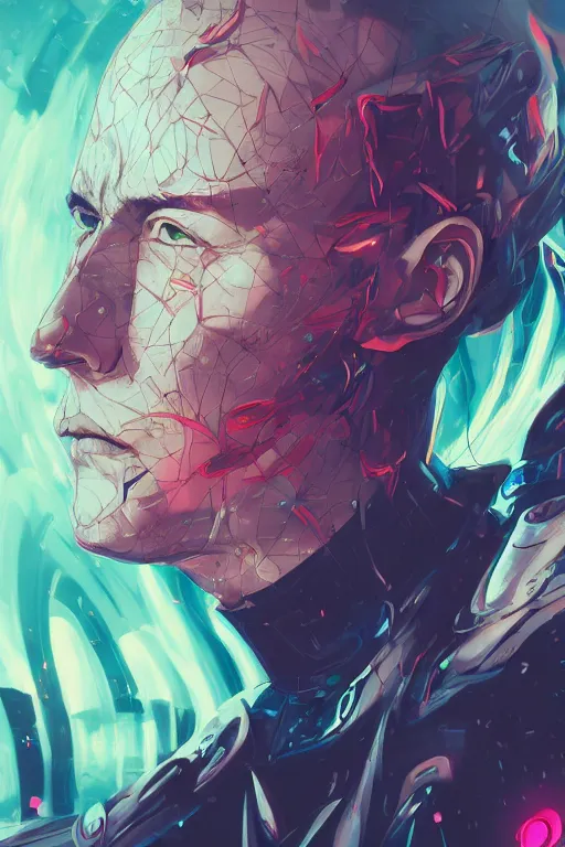 Image similar to abstract portrait, cyberpunk anime hero, floating detailes, very detailed face, dark mood, leaves by miyazaki, colorful palette illustration, kenneth blom, mental alchemy, james jean, pablo amaringo, naudline pierre, contemporary art, hyper detailed