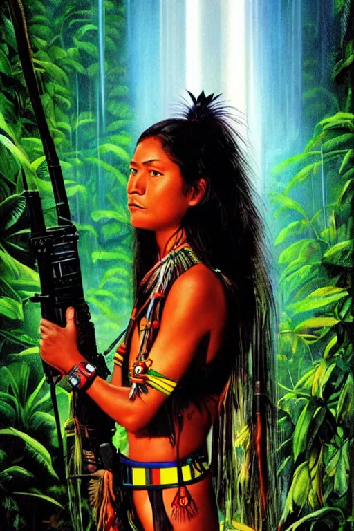 Prompt: an indigenous ecuadorian huaorani young woman holding a nuclear futuristic weapon in the jungle, poster art by daniele caruso, benediktus budi, jason edmiston, vc johnson, powell peralta, volumetric light, foggy ambience