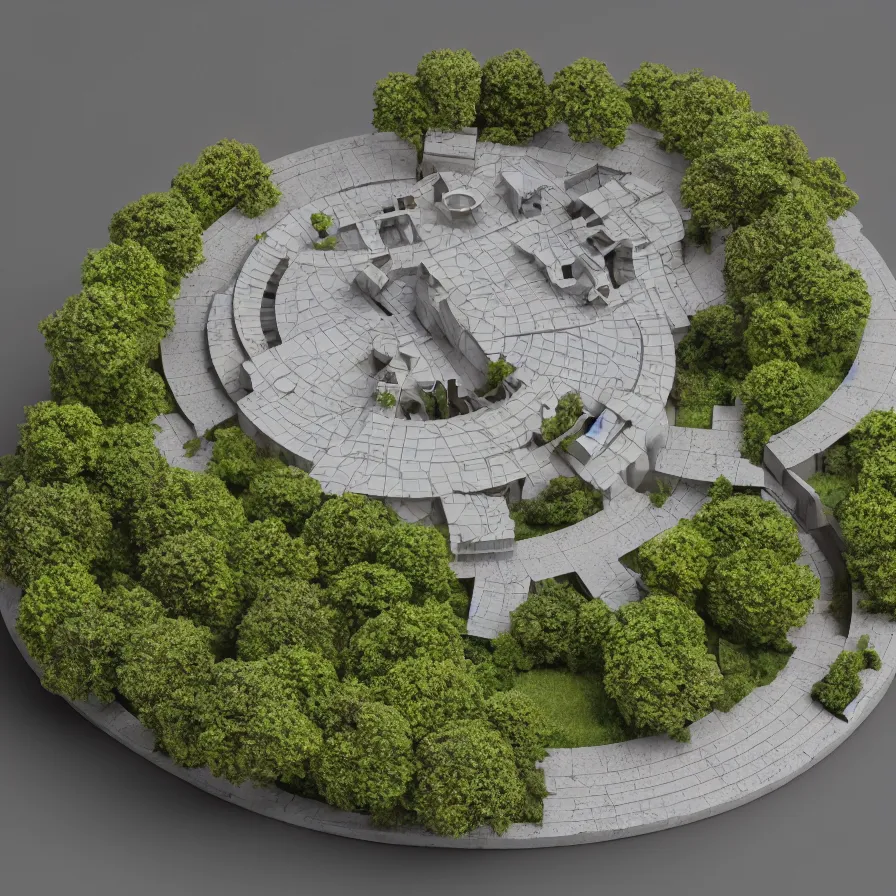 Prompt: architectural model, isometric view, 3 d render, studio lighting, low contrast, dark background, highly detailed, a plot with a medium height circular house with circular courtyards, tree