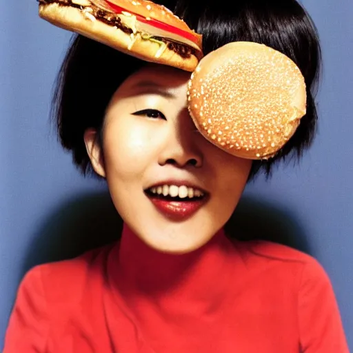 Image similar to A Japanese woman with a hamburger for a head, portrait, Taschen, by David Bailey