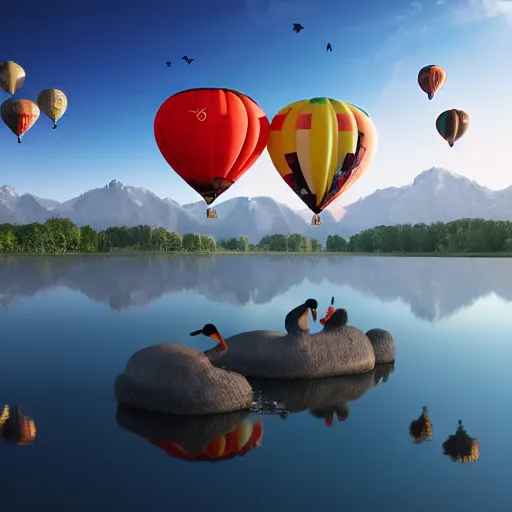 Prompt: realistic extremely detailed photo of a hot air balloon with a picture of two black swans swimming, touching heads, forming a heart with their necks flying above a reflective mountain lake, granular detail, holographic krypton ion, octane render, 4k, f32,55mm photography, wide angle