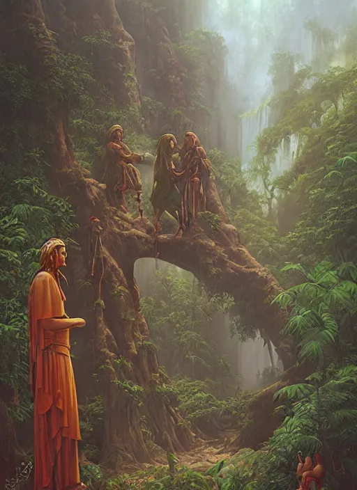 Prompt: ancestors protecting a shaman praying in the jungle, old faces in the clouds, art by christophe vacher