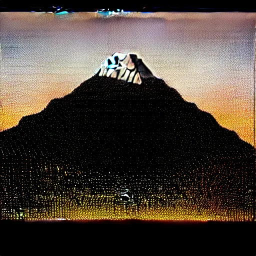 Image similar to a mountain made out of computer screens that display bitcoin logos, cinematic, post apocalyptic landscape, harsh contrast lighting, in the style of photorealism, made by richard estes robert cottingham gerhard richter robert longo ellen altfest