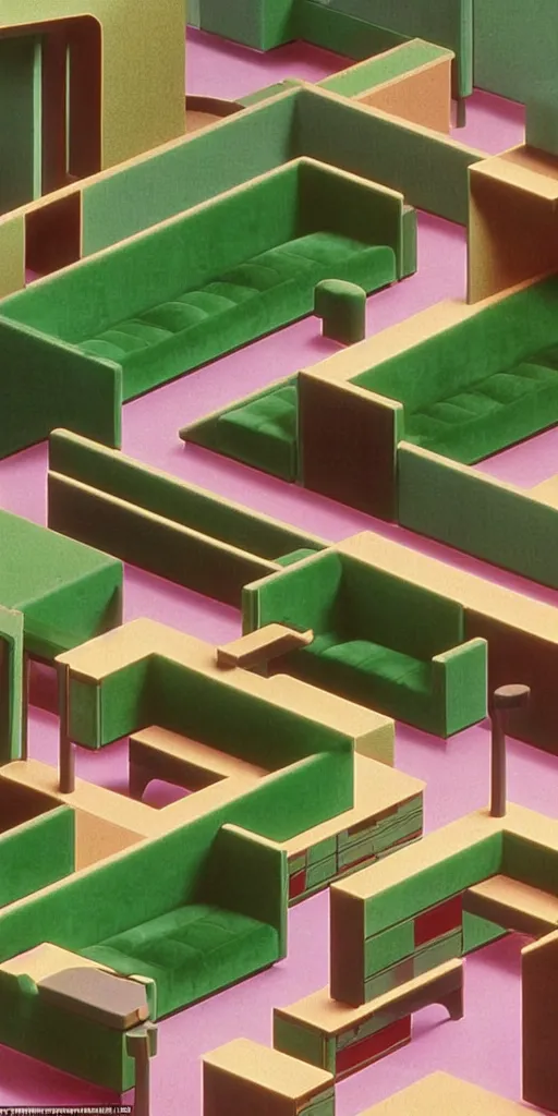 Image similar to huge sprawling gargantuan angular dimension of infinite indoor landscape 7 0 s green velvet and wood with metal office furniture. surrealism, mallsoft, vaporwave. muted colours, 7 0 s office furniture catalogue, shot from above, endless, neverending epic scale by escher and ricardo bofill