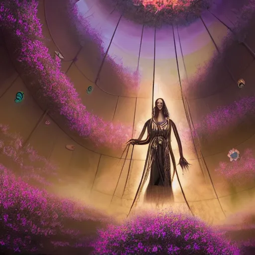 Image similar to a detailed picture of the elevator to hell surrounded by a field of black lotus flowers with petals in a fibonacci sequence, in the style of magic the gathering, highly detailed, digital painting, god rays, volumetric lighting, octane render, 4 k resolution, art by adam paquette and johann bodin and jason rainville