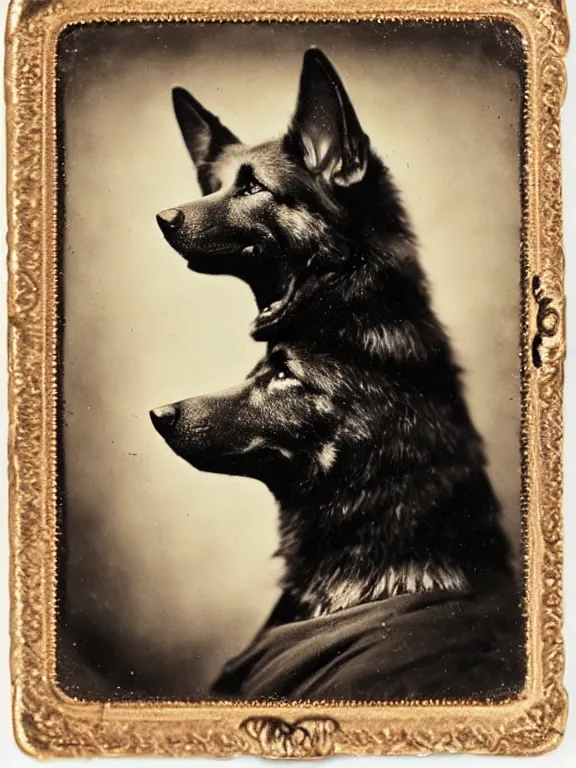 Image similar to professional studio photo portrait of anthro anthropomorphic german shepard head animal person fursona smug smiling wearing elaborate pompous royal king robes clothes degraded medium by Louis Daguerre daguerreotype tintype