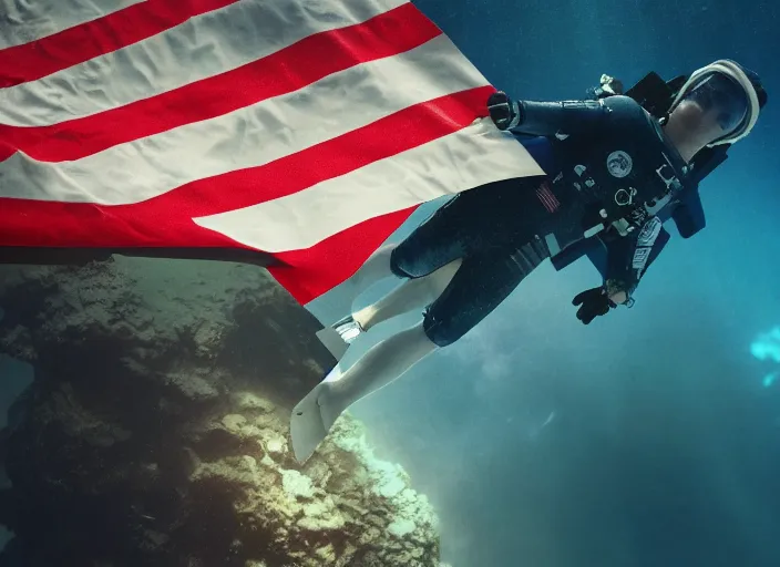 Prompt: astronaut underwater putting a flag on the bottom of the ocean. in the background, a submarine is visible. dark, concept art, cinematic, dramatic, blender, photorealistic, octane render, 8 k, volumetric lighting, trending on artstation, zack snyder