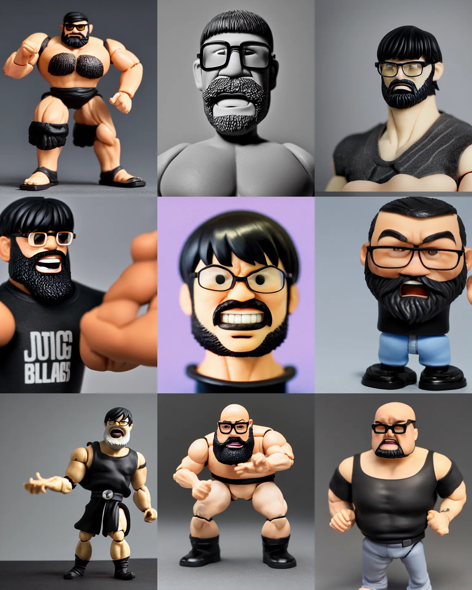 Prompt: wide plastic action figure of a buff smiling man with stuble full beard, muscular neck, rectangular square shaped glasses and a black bowl cut, wearing a black tshirt, dramatic light, shallow depth of field, blur, out - of - focus background, by kim jung gi, ric estrada, ron english and eiichiro oda