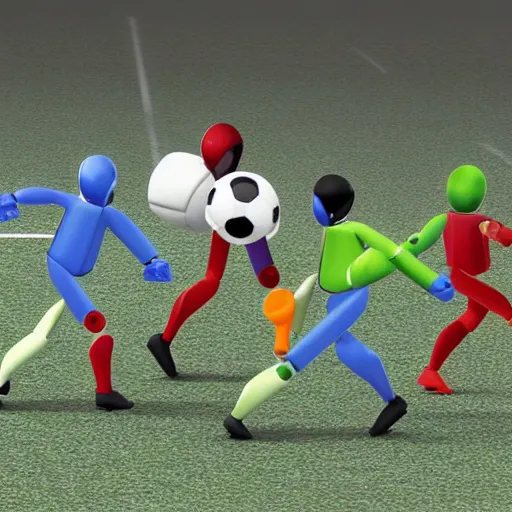 Prompt: photorealistic robots playing soccer