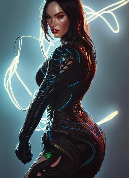 Image similar to portrait of apex legends megan fox, venom intricate, elegant, glowing lights, highly detailed, digital painting, artstation, glamor pose, concept art, smooth, sharp focus, illustration, art by artgerm and greg rutkowski, artey freytag