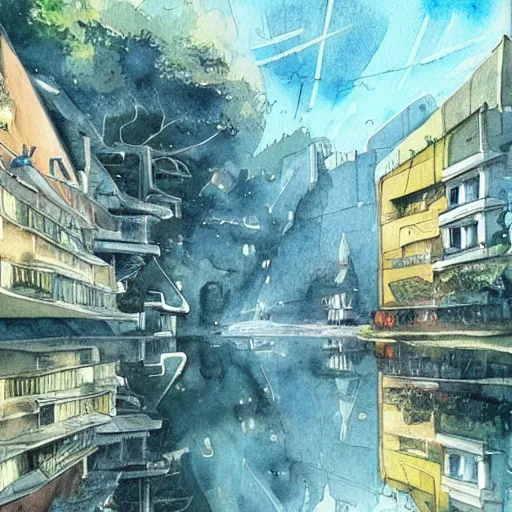 Image similar to Beautiful happy picturesque charming sci-fi city in harmony with nature. Nature everywhere. Nice colour scheme, soft warm colour. Beautiful detailed watercolor by Lurid. (2022)