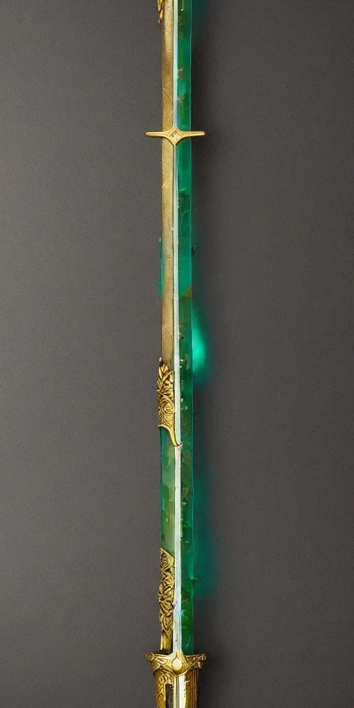 Image similar to photograph of a wide green and teal crystal sword blade attached to a big gold sword hilt