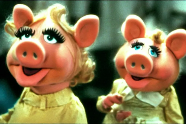 Image similar to movie still of miss piggy starring as trinity in the matrix 1 9 9 9 movie