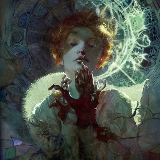 Image similar to whimsically detailed spirit coming out from illuminated hands. Craig mullins. Mucha. Jodorowsky. Dave Mckean. Allan Moore. Magical.
