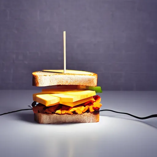 Image similar to sandwich of leds lights with seitan and cheddar, studio photo, amazing light