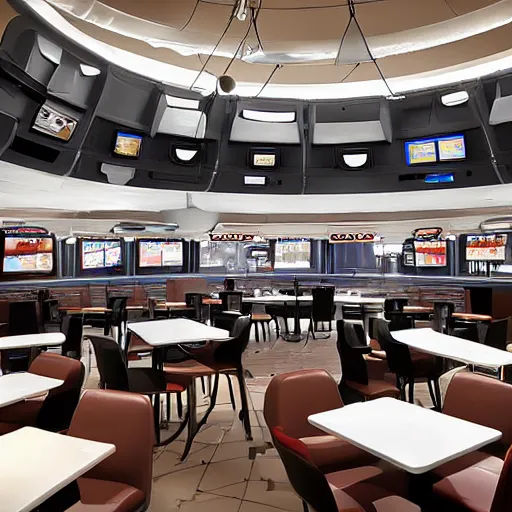 Image similar to mcdonald restaurant inside of the death star from star wars, spaceship flying towards it, realistic style