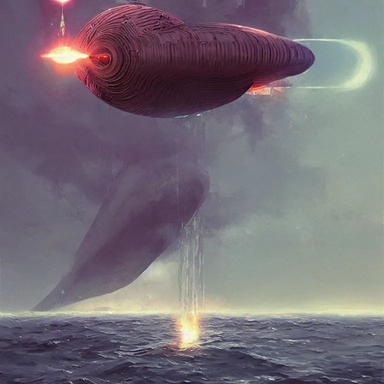 Image similar to round mechanical spaceship nautilus dripping wet emerging from a the ocean, launching to space, big booster rocket engines, sci - fi concept art, by john harris, by simon stalenhag, stunning, award winning