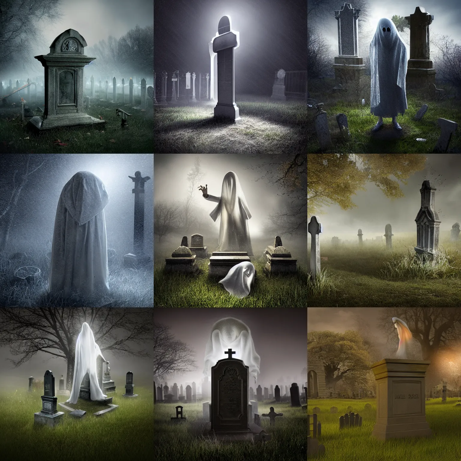 Prompt: a mike campau photo - realistic render of a strange ghost in a graveyard