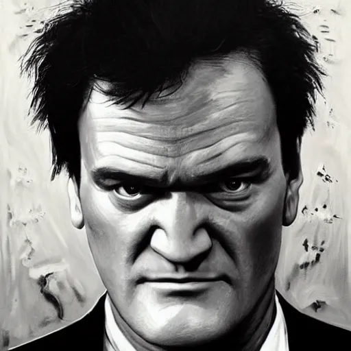 Image similar to the hyper - realistic painting of quentin tarantino regardant son prochain film au cinema