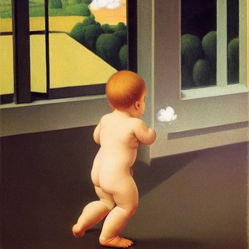 Prompt: a baby's first steps by Raphael, Hopper, and Rene Magritte. detailed, romantic, enchanting, trending on artstation.