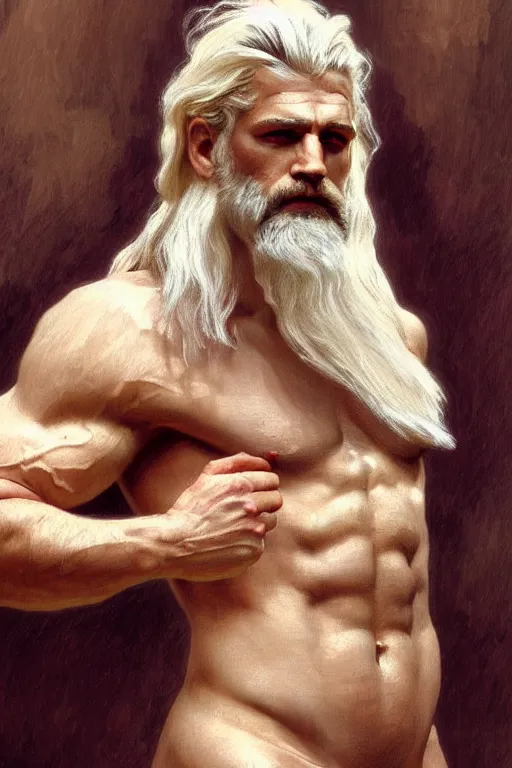 Image similar to painted portrait of rugged zeus, god of thunder, greek god, white hair, masculine, powerful, handsome, opulent, upper body, white robe, muscular, hairy torso, fantasy, intricate, elegant, highly detailed, digital painting, artstation, concept art, smooth, sharp focus, illustration, art by gaston bussiere and alphonse mucha