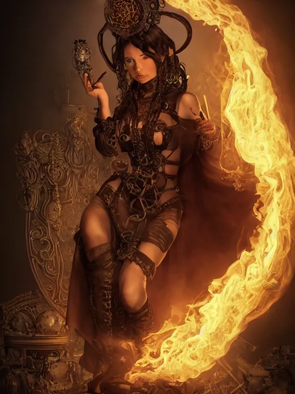 Prompt: evil steampunk pyromancer woman, beautiful face, ornamental halo, black shirt, brown body, tunic, intricate robes, sitting on obsidian throne, fractal fire background, sharp focus, highly detailed, cinematic lighting, studio quality, chiaroscuro, smooth render, unreal engine 5 rendered, octane, rendered, by artgerm, greg rutkowski, alphonse mucha