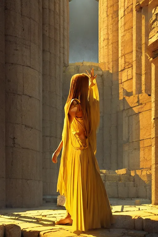 Image similar to possessed woman wearing an ancient greek tunic made of yellow paper, stephen bliss, unreal engine, fantasy art by greg rutkowski, rhads, ferdinand knab, makoto shinkai and lois van baarle, ilya kuvshinov, rossdraws, tom bagshaw, global illumination, radiant light, ancient greek temple ruins, red and blue theme